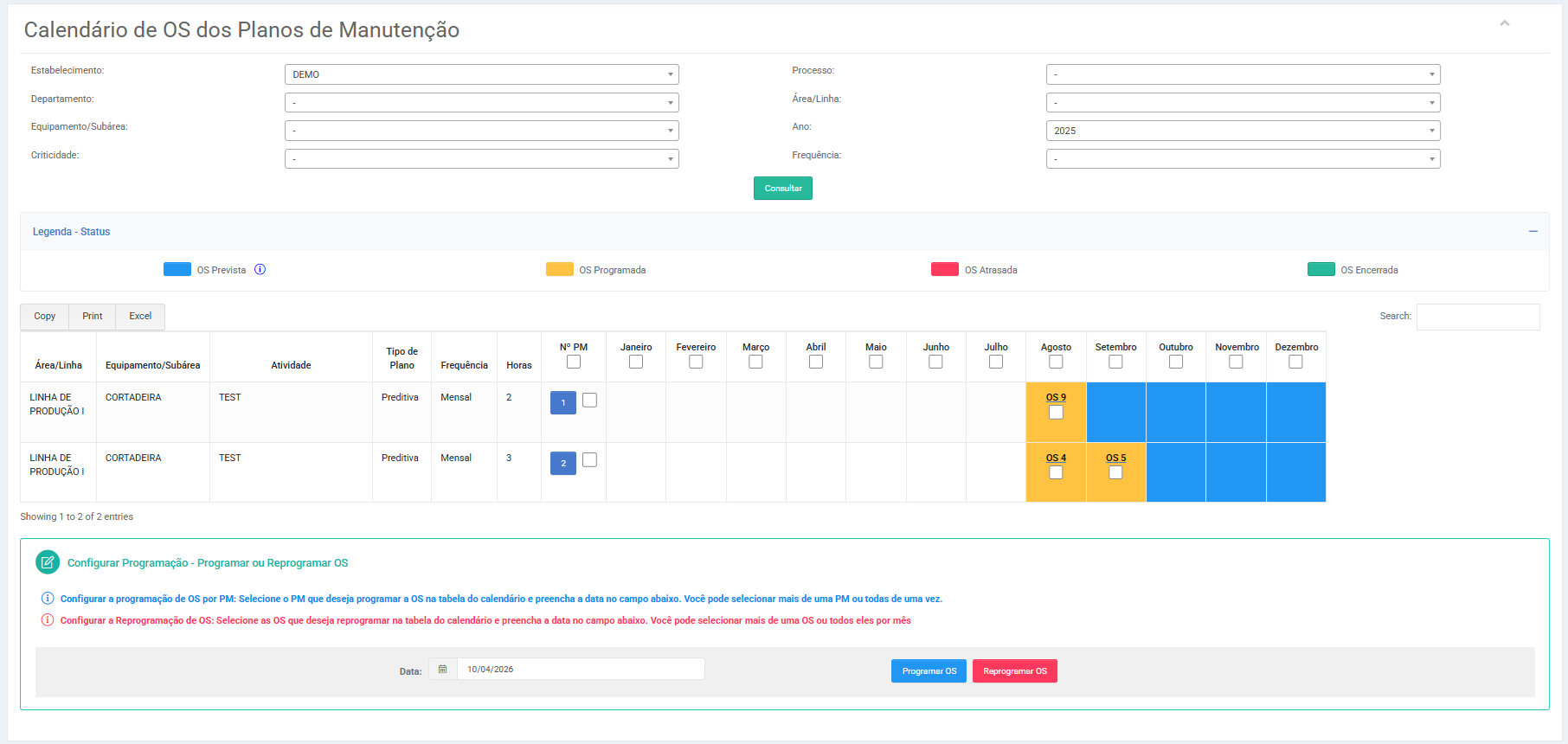 Calendário de Plano de Manutenção Preventiva — ProMOS® CMMS