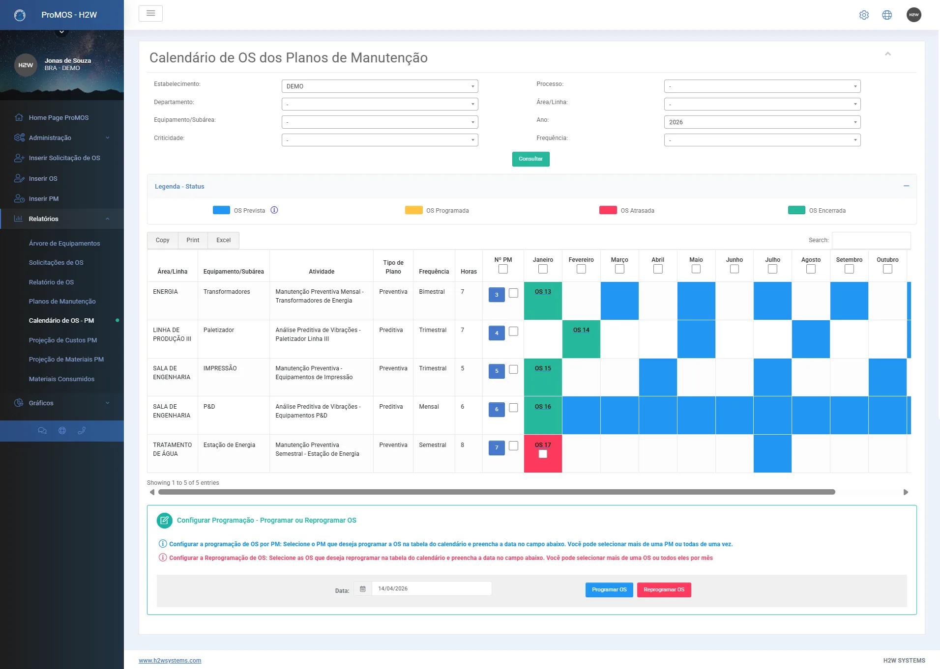Calendário de planos preventivos no CMMS do ProMOS®