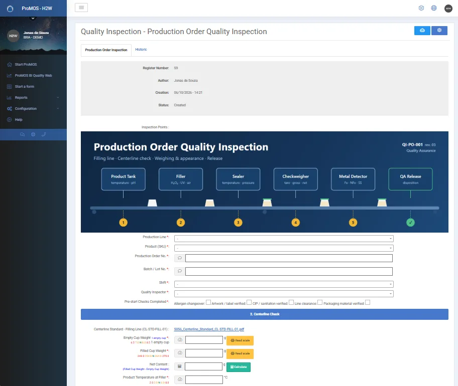 Inspection form in ProMOS™ Quality with automatic OK/NOK result